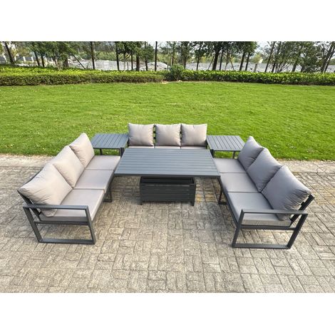 Fimous U-shaped Garden Furniture Set 9-Seater Aluminium Outdoor Dining Set with Adjustable Rising Lifting Dining Table 2 Side Tables Dark Grey (1/5)