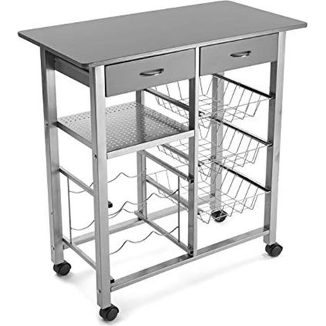 Carrello da Cucina in Legno e Acciaio Piano di Lavoro Grigio 76x40 2 Cassetti 3 Cestini Porta Frutta Verdure Cantinetta 6 porta bottiglie e 4 Ruote (1/5)