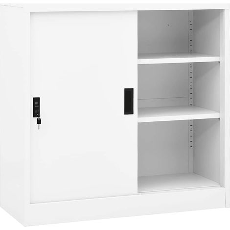 Armoire de bureau en acier à porte coulissante avec serrure blanche 90 x 40 x 90 cm - PANGIVO (1/5)