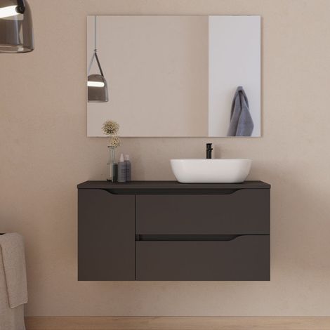 Meuble de salle de bain 100cm avec plateau, vasque à poser déportée à droite Zeus et miroir - 2 tiroirs et un placard - noir - ZARZA