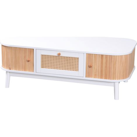 Table basse en rotin avec portes coulissantes en bois massif, pieds en bois massif, 110x55x38,5 cm, style campagne naturel (1/5)