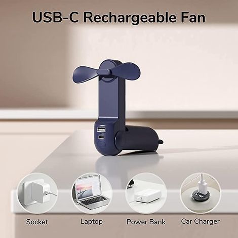 mini Ventilateur Portatif,bleu Ventilateur  Main 3 En 1, Ventilateur De Poche Rechargeable, Ventilateur  Piles [24 Heures De Travail] Avec Batteri (1/5)