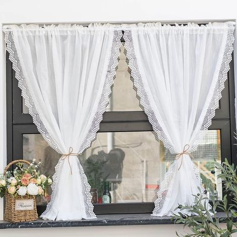 Rideau brise-bise aspect lin avec bord ondulé délicat en dentelle pour cuisine, salon, balcon, style maison de campagne, 1 pièce, blanc, l x H 150 x 100 cm (1/5)