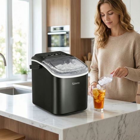 Machine à glaçons Silonn (Noir) - 9 glaçons en 6 min, 12 kg/24h, autonettoyante, 2 tailles de glaçons/ Compacte pour cuisine, bureau, bar & fêtes (1/5)