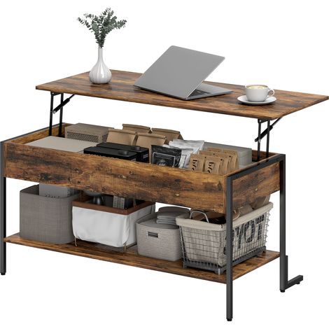 Couchtisch mit Klappdeckel, verstecktem Fach und unterer Ablage, Industriestil, braun