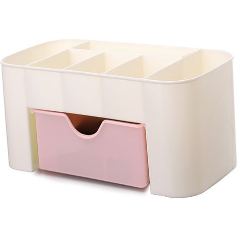 [Organiseur de bureau] Boîte de rangement multifonctionnelle avec compartiments et tiroir en plastique rose clair 21x10cm pour cosmétiques, bijoux et accessoires. (1/5)