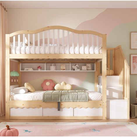 Letto a castello bambini 90x200 in legno con contenitore idraulico e scala bianco rovere (1/5)