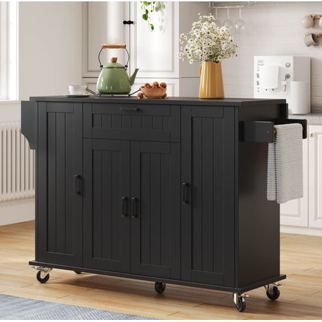 Meuble de cuisine à roulettes avec plateau rabattable, 4 portes, 1 tiroir, noir OKMYHOME (1/5)