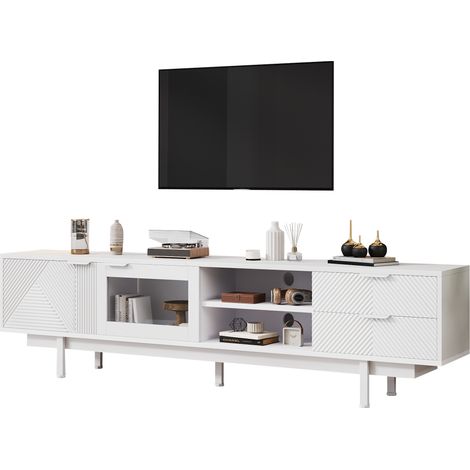 200×40×50,5 cm Meuble TV moderne et simple, lowboard avec 2 portes et 2 tiroirs, grand espace de rangement, capacité totale 45 kg, adapté aux téléviseurs jusqu’à 80 pouces, blanc