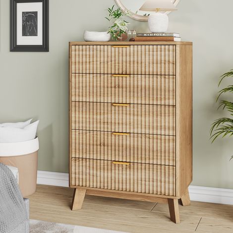 JOOKGBD - Kommode 40x73x108 cm, 5 Schubladen, Aufbewahrungsschrank für Wohnzimmer oder Schlafzimmer, Stabile Holzkonstruktion, Naturholz-Finish, Skandinavisches Design