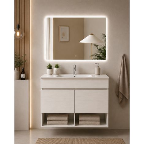 Mobile bagno sospeso con lavabo extrapiano ORIGENBATH NEBARI con ante senza specchio 60x35 cm bianco nordico (1/5)