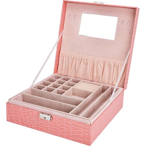 boîte de rangement-Boîte bijoux organisateur deux niveaux en simili cuir avec compartiments - Carré rose pour présentation et rangement (1/4)