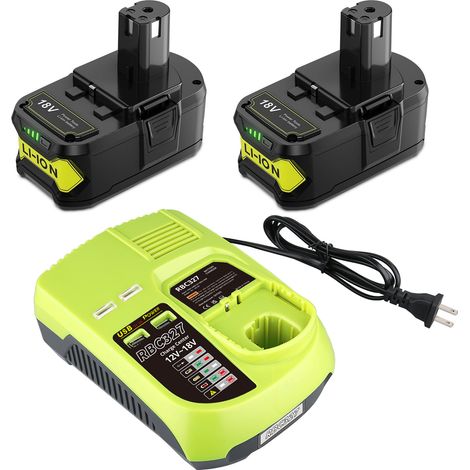 Lot de 2 batteries lithium-ion 8.0 Ah P108 compatibles avec Ryobi 18 V(One+) P102,P103,P105,P107,P108,P109,RB18L50,RB18L40,RB18L25,RB18L15,avec chargeur Ryobi P117(2 batteries +P117)