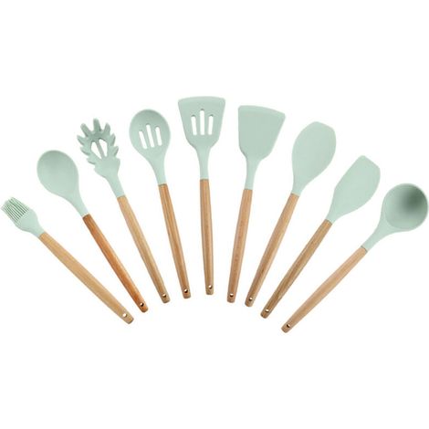 Ustensiles cuisine silicone 9 pièces (vert), antiadhésifs : cuillère/spatule/louche/fouet, résistants chaleur (1/4)