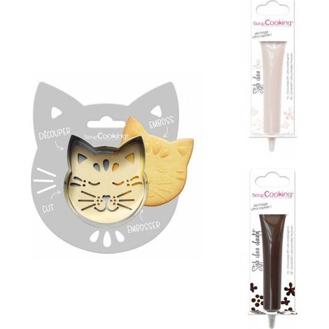 Kit pour biscuit en relief Chat + 2 Stylos au chocolat blanc et marron