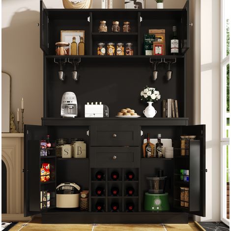 Buffet da Cucina 120x40x188 cm Nero con Ripiani Regolabili, Cantinetta Vino, 4 Ante e 2 Cassetti (1/5)