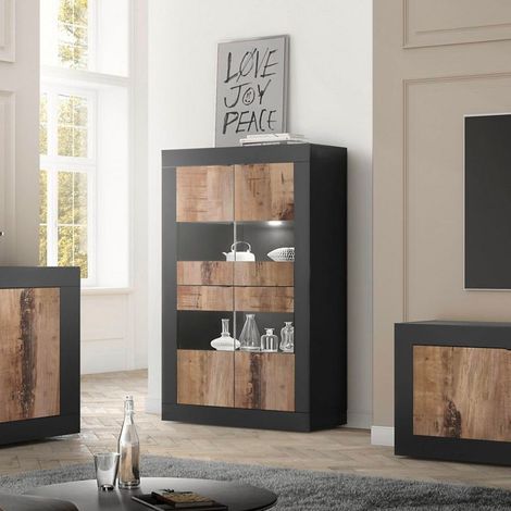 Industrie-Glasvitrine Wohnzimmer, 4 Türen, Schwarz, Holz, Modell Tina NP Basic (1/5)