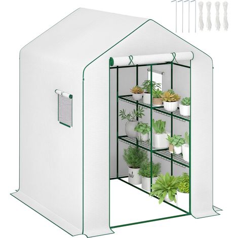 Weißes Gartengewächshaus 140x143x190 cm mit PE-Folie, 1 Tür, 2 Fenstern und 3-stufigen Regalen für den Anbau von Gemüse, Pflanzen und Blumen.