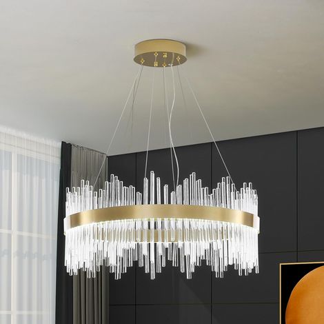 1 Lustre Suspension LED Cristal Doré Réglable 60cm Pour Salon Chambre Cuisine