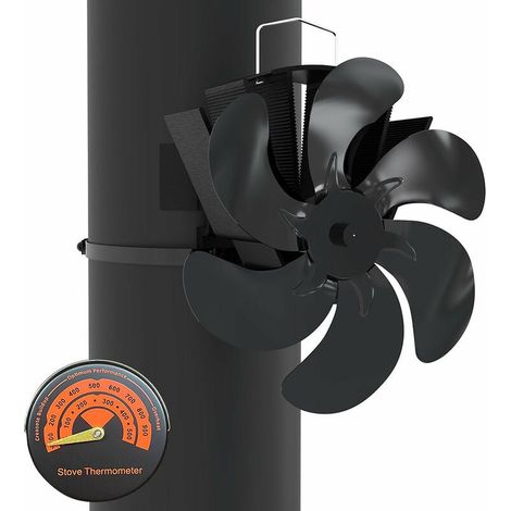Ventilateur de poêle à bois 6 pales avec thermomètre intégré, moteur silencieux, économique, pour cheminée et insert, diffusion de chaleur optimale, noir, sans pile