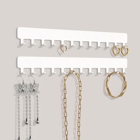 Porte-colliers, rangement mural pour bijoux, organisateur robuste pour colliers, bracelets et boucles d'oreilles, solution gain de place, fixation adhésive facile, métal, blanc (1/5)