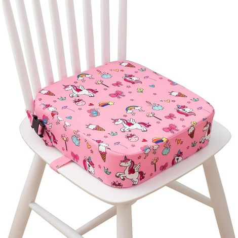 Asiento elevador infantil, cojín elevador con 2 correas, hebilla de seguridad, diseño de dibujos animados para niños, 32 x 32 x 8 cm (Unicornio) (1/5)