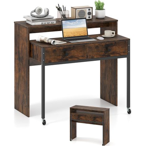 COSTWAY Scrivania per Computer, Tavolo Salvaspazio Retrattile con Cassetti e Ruote Universali Bloccabile, 100 x 63 x 88 cm, Desk Gaming per Ufficio, Soggiorno e Camera da Letto (Marrone) (1/5)