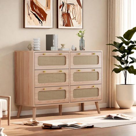Kommode Rattan 6 Schubladen Holz Vintage Boho Stauraum für Flur Wohnzimmer (1/5)