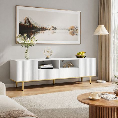 Meuble TV 165 cm blanc avec pieds dorés –2 portes et 2 tiroirs – design texturé– 2 Étagères ouvertes 165x36x55cm salon moderne (1/5)