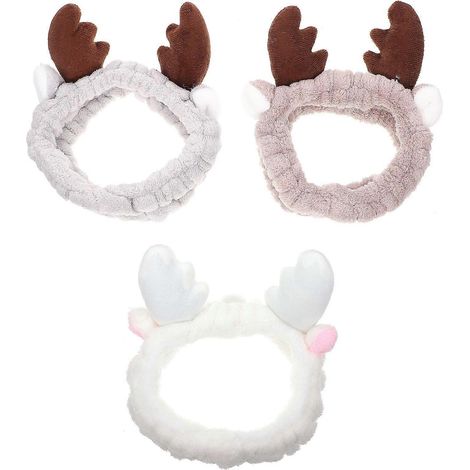 Lot de 3 bandeaux de maquillage en peluche à motif bois de cerf pour Noël - Jolis bandeaux souples pour se laver le visage (1/3)