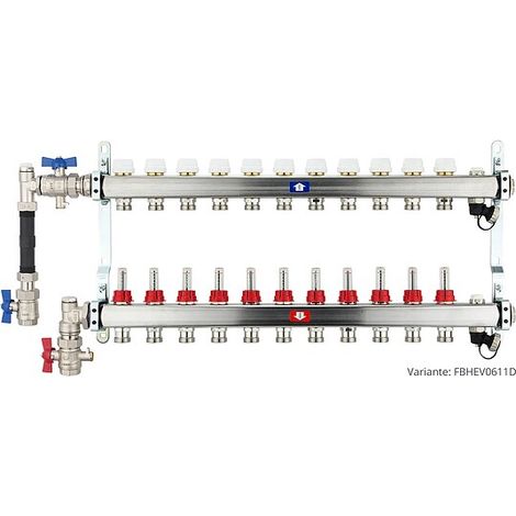 Fußbodenheizungsverteiler aus Edelstahl mit Topmeter für 11 Heizkreise - mit WMZ-Anschlussset 110 mm senkrecht (1/3)