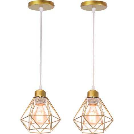 2er Pendelleuchte, Kronleuchter im Industri Stil, Antik Hängelampe mit Ø16cm Mini Diamant-Form Käfig E27 Halter für Wohnzimmer Schlafzimmer Esszimmer (Gold)