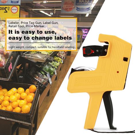 Étiqueteuse MX-5500 8 chiffres pistolet à étiquettes prix, outil de magasin, kit avec rouleaux et encre recharge, jaune (1/5)