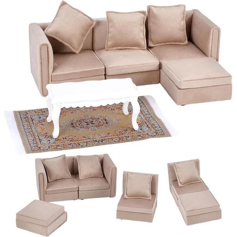 Lot de 3 meubles de maison de poupée miniature avec table basse et tapis, ensemble de meubles de maison de poupée en bois, échelle 1/12, accessoire de mobilier de salon pour décoration (1/5)