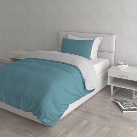 Housse de couette double-face couleur unie avec taies d'oreiller, 100 % Coton, Sarcelle/Gris Clair, single (1/5)