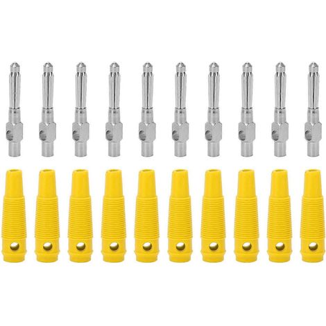 Lot de 10 fiches bananes en cuivre 7 broches de 4 mm, 1000 V 32 A, empilables, avec gaine souple et capuchon à vis, jaunes (1/4)