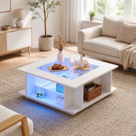 REDOM mesa de centro 70x70x30 cm, con tablero de vidrio y almacenamiento abierto, con iluminación LED, aglomerado blanco (1/5)