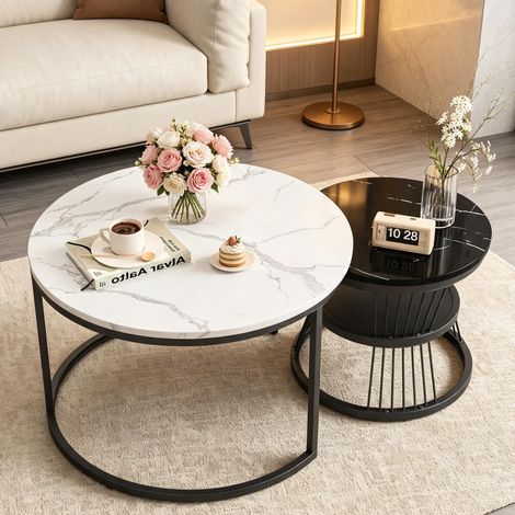 tables basses – Set de 2 tables basses gigognes – plateau marbre – cadre noir – 80+60 cm