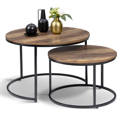Idmarket – Lot de 2 tables basses gigognes rondes 54/70 – Bois foncé effet vieilli – Structure métal noir – Design industriel vintage