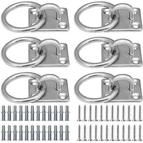 Lot de 6 plaques oculaires en Acier Inoxydable Œillets carrés avec Anneau argenté Crochet de Plafond avec 24 vis et 24 Tubes d'expansion, pour Corde de Yoga et ha