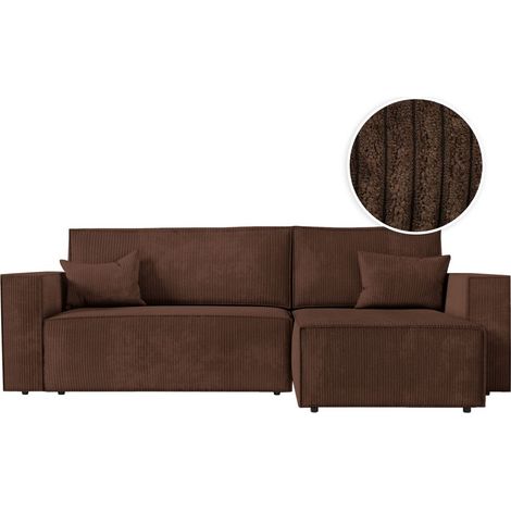 Loungitude – Canapé d'angle convertible réversible avec coffre en velours côtelé – Couchage 140 x 225 cm – Méridienne spacieuse – Marron (1/5)