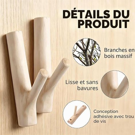 Crochet Mural Bois Naturel Vêtements Clés Serviettes (1/2)