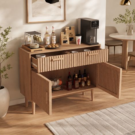 Buffet 100x35x80cm,meuble de rangement,2 portes et 2 tiroirs avec amortissement,buffet cuisine,style moderne, anti-basculement,pour salon,cuisine et salle à manger, Bois massif, Naturelle (1/5)