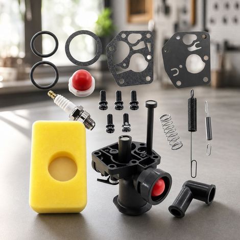 Kit de réparation carburateur avec filtre à air jaune, bougie, joints et vis pour tondeuse et tronçonneuse, pompe rouge incluse (1/4)