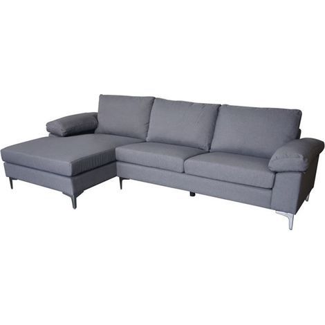 Home Heavenly® - Sofá Chaise Longue JORGE tapizado en tejido suave con apoyabrazos y patas metálicas 91x265x135 cm.  Color: Gris