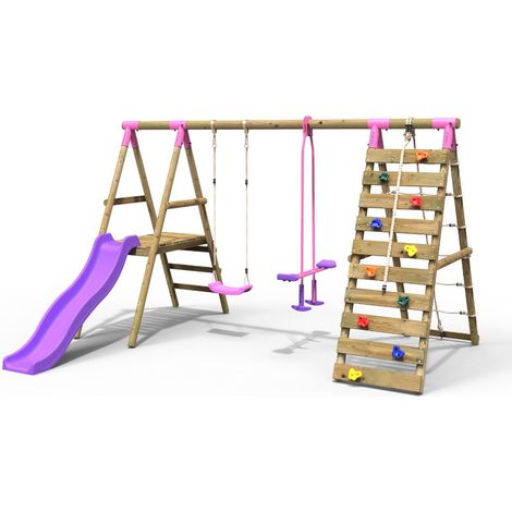 Rebo Wooden Swing Set with Deck and Slide plus Up and Over Climbing Wall - Obsidian Pink (1/5)
