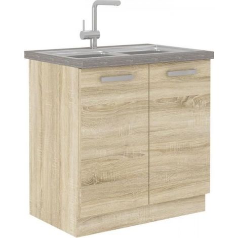 Meuble bas de cuisine sous évier 80 cm – Panneaux de particules 16 mm – Mélaminé décor chêne clair sonoma – Dimensions L 80 x P 52 x H 82 cm (1/4)