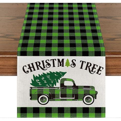 Chemin de table à carreaux motif camion et sapin de Noël, décoration de table pour la cuisine et la salle à manger, chemin de table hivernal pour les fêtes, 33 x 183 cm, vert (1/5)