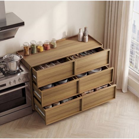 Cassettiera moderna a 6 cassetti in colore quercia, 115 x 48 x 78 cm, OKWISH (1/5)