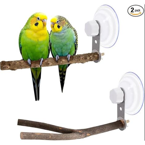 Natural Wood Bird Perch Stand with Two Suction Cups Perch Brackets for Windows, Mirrors, Car, Shower, Ceramic, Bath (1/5)